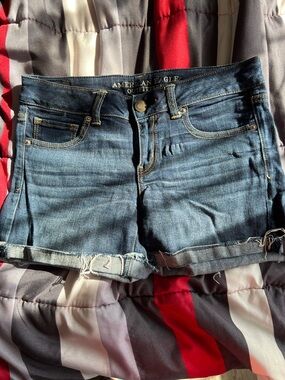 American Eagle Outfitters Dark Blue Denim Frayed Hem Shorts